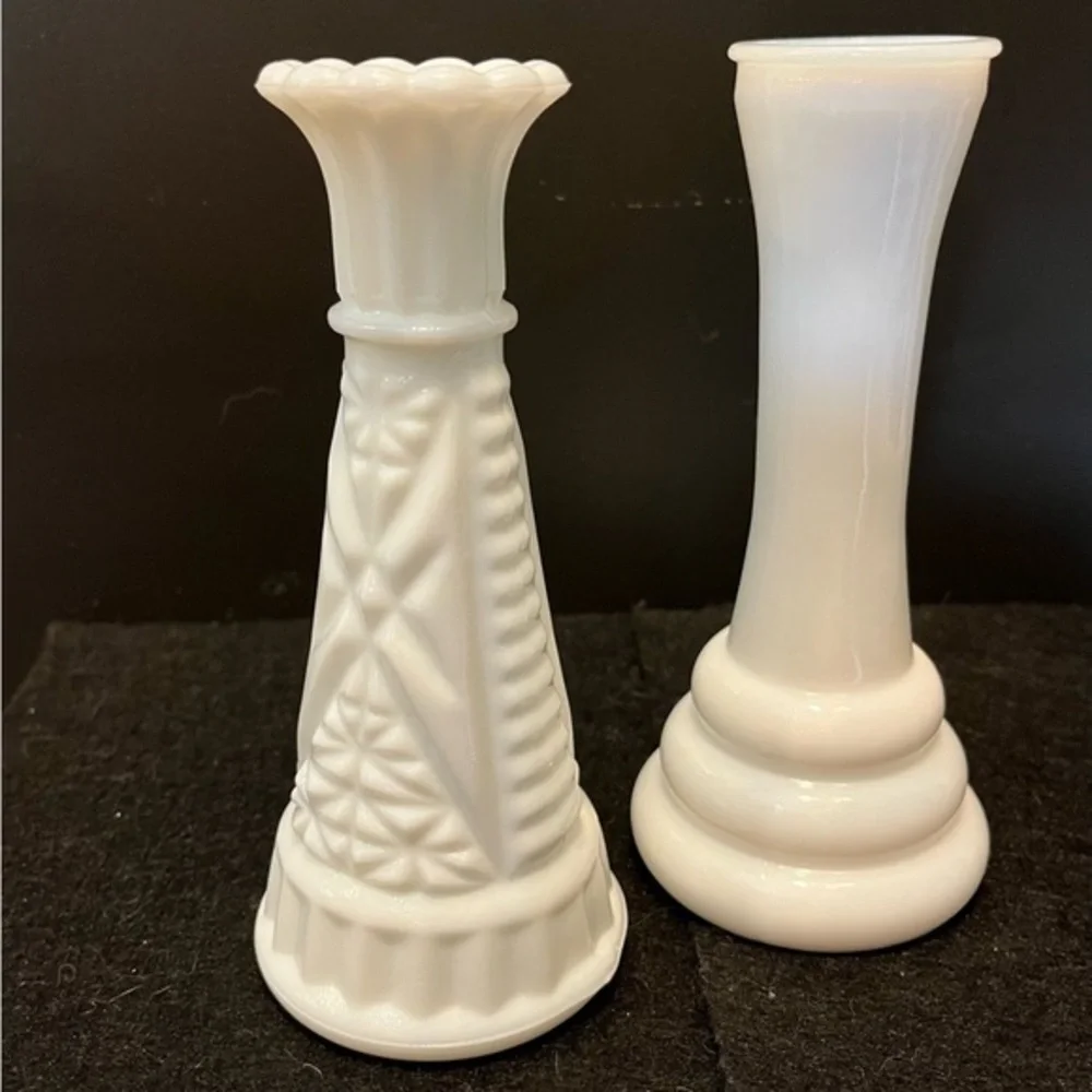 Vintage White Milk Glass 6” Bud Vase Set of Two - Picture 2 of 8